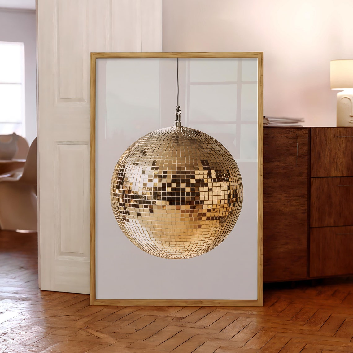 Gold Disco Ball Hanging Mirror Shimmer Party Glam Art Poster