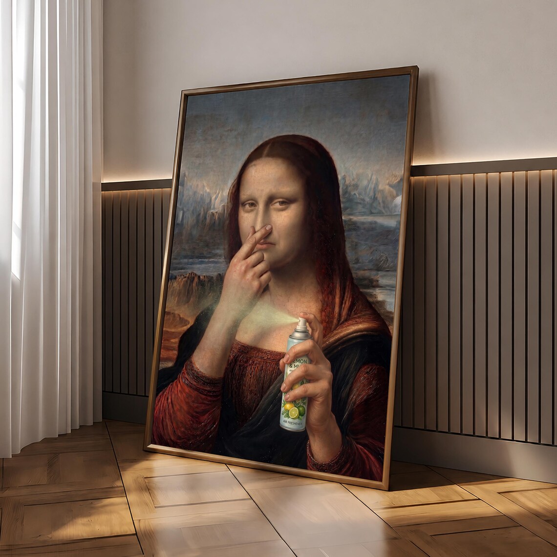 Mona Lisa Holding Air Freshener Funny Bathroom Parody Poster