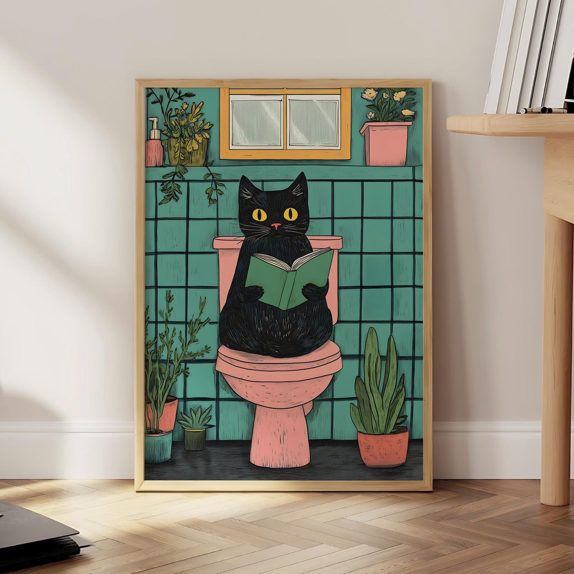 Funny Bathroom Cat Print Lover Gift Art Black Pooping Wall Toilet Pink Poster Optional Frame