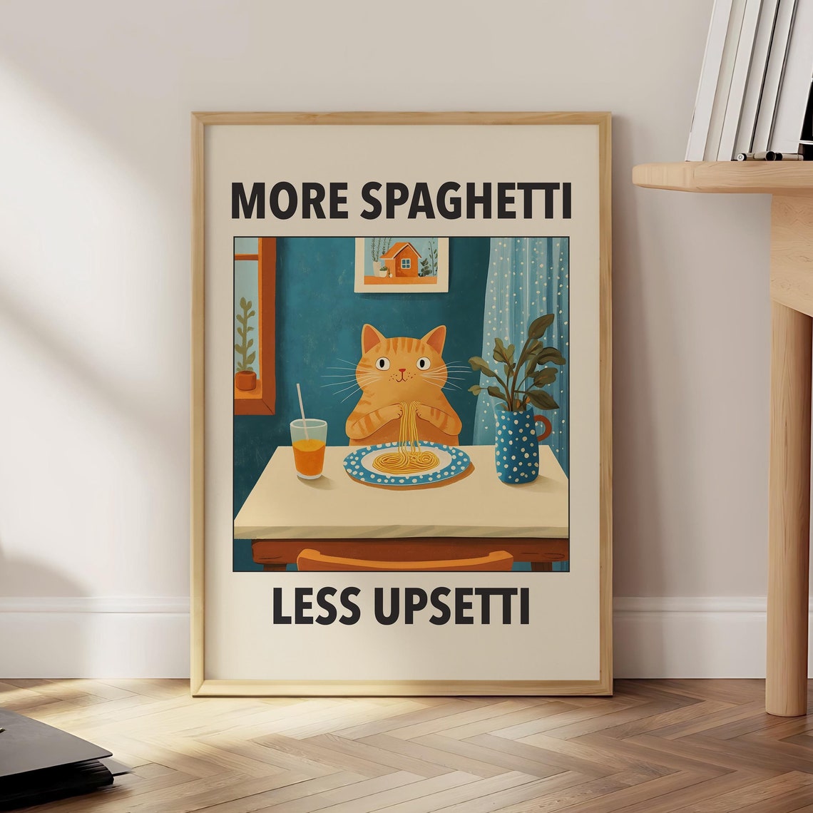 Orange Tabby Spaghetti Night Poster Cute Cat Pasta Funny Kitchen Decor