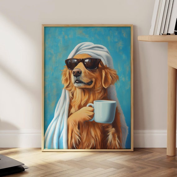 Cool Dog Drinking Coffee Poster Dopamine Eclectic Art Print Maximalist Wall Decor Optional Frame