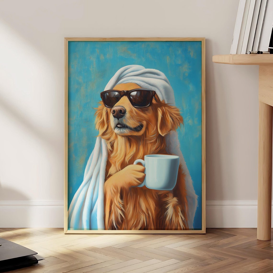Cool Dog Drinking Coffee Poster Dopamine Eclectic Art Print Maximalist Wall Decor Optional Frame