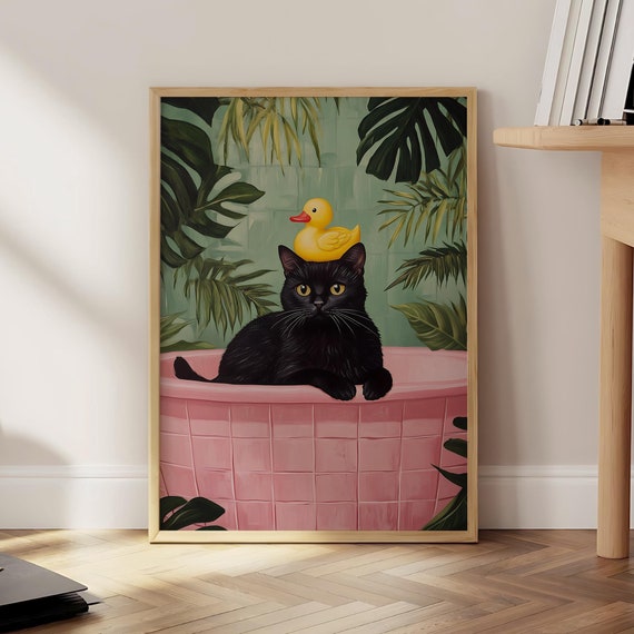 Funny Black Cat Rubber Duck Poster Jungle Wall Art In Bathtub Print Animal Bathroom Pink Prints Digital File