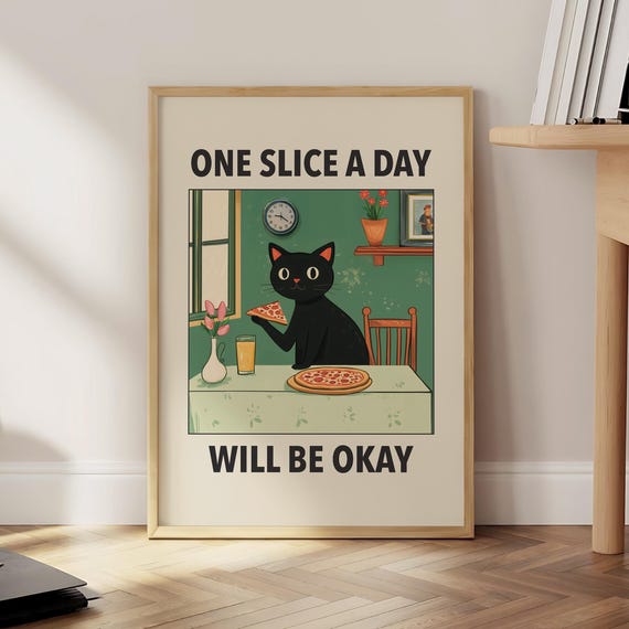 Funny Pizza Cat Poster Black Wall Art Italian Kitchen Print Retro Diner Decor Cute Lover Gift Optional Frame