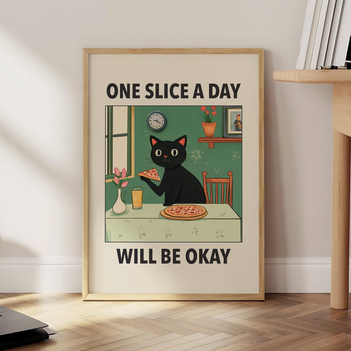 Funny Pizza Cat Poster Black Wall Art Italian Kitchen Print Retro Diner Decor Cute Lover Gift Optional Frame