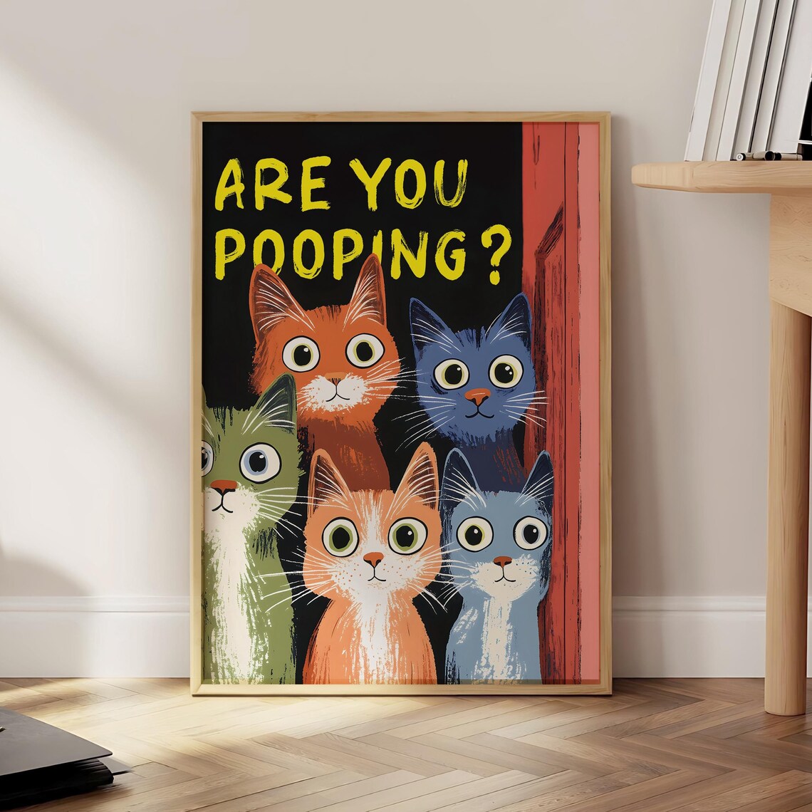 Are You Pooping Funny Retro Bathroom Cats Peeking Door Poster