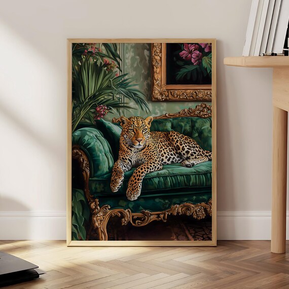 Leopard Emerald Sofa Art Print, Luxury Vintage Maximalist