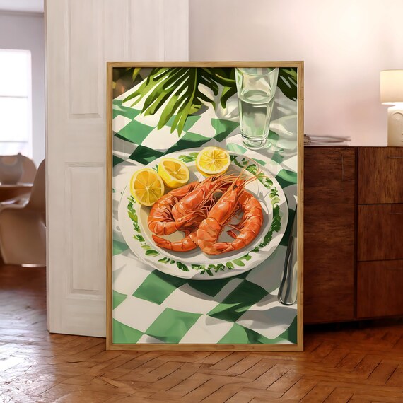 Shrimp and Lemon Plate Vintage Kitchen Food Still Life Painting Poster