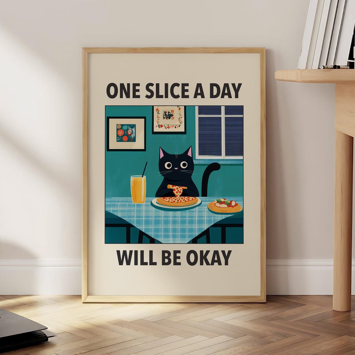 Funny Pizza Cat Poster Black Wall Art Italian Kitchen Print Retro Diner Decor Cute Lover Gift Optional Frame