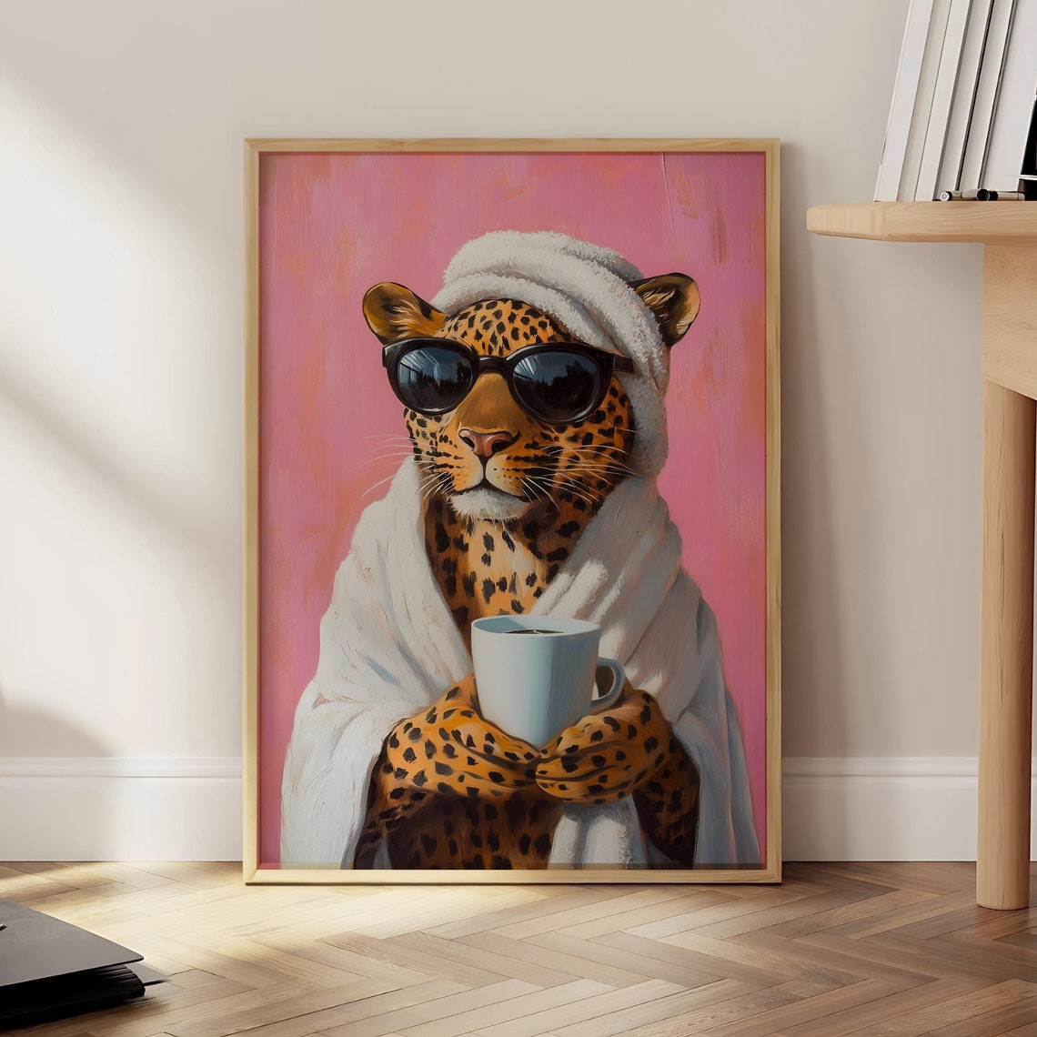 Cool Leopard Drinking Coffee Poster Eclectic Art Pink Print Maximalist Wall Decor Digital File