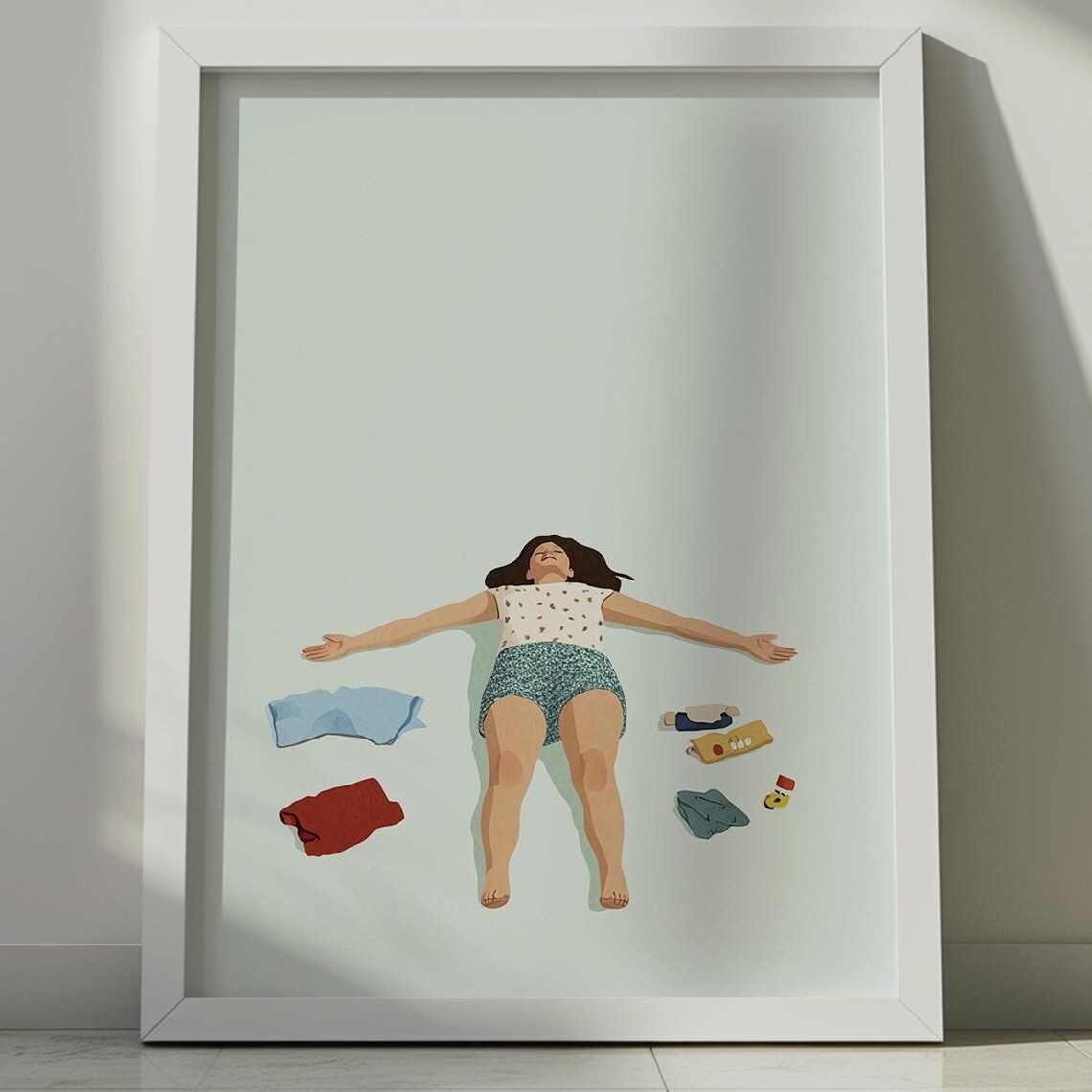 Tired Mom Asleep On Floor Funny Motherhood Illustration Wall Art