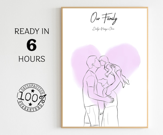 Personalized Family Line Art Portrait with Pink Heart Watercolor Poster