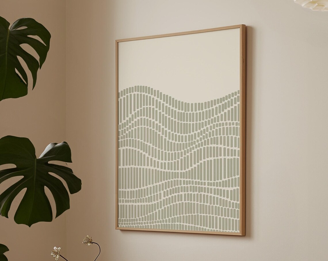 Abstract Sage Green Fine Line Art Print, Japandi