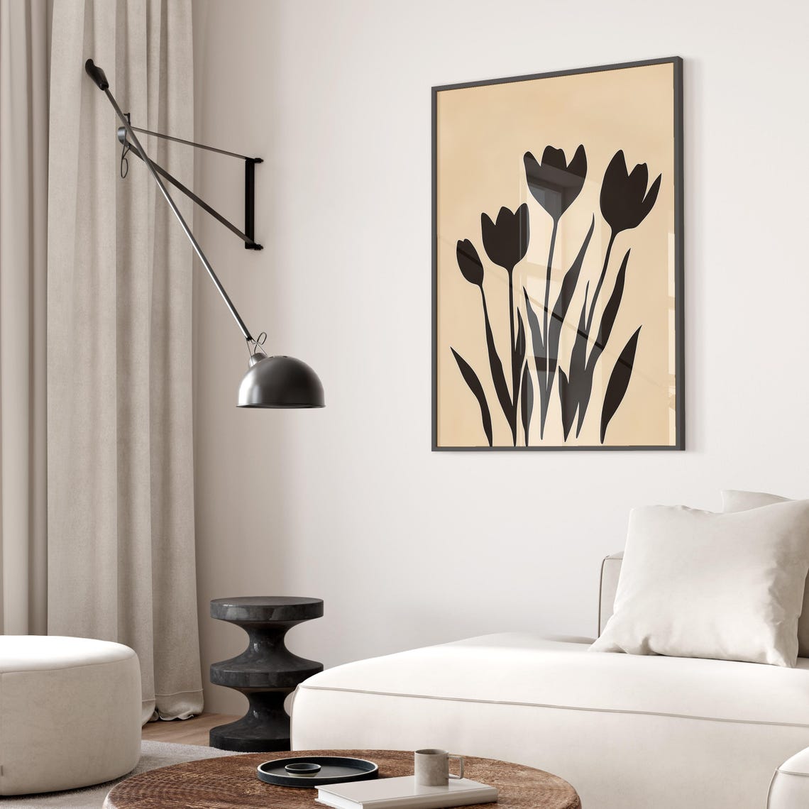 Minimalist Black And White Tulip Flower Silhouette Beige Poster - Image 2