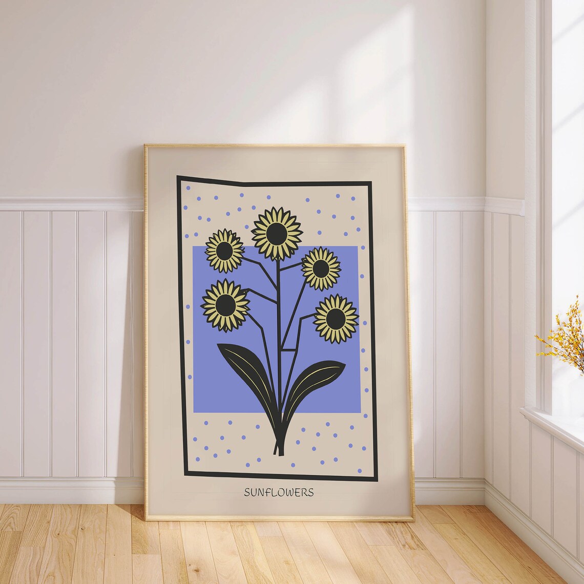 Yellow Sunflowers Periwinkle Blue Background Retro Floral Poster - Image 3