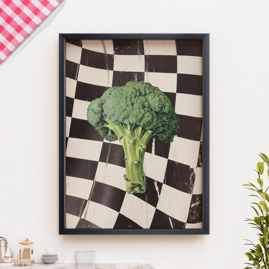 Retro Broccoli Kitchen Art Print Food Poster Vintage Vegetable On Checkerboard Printed On Luxury Paper