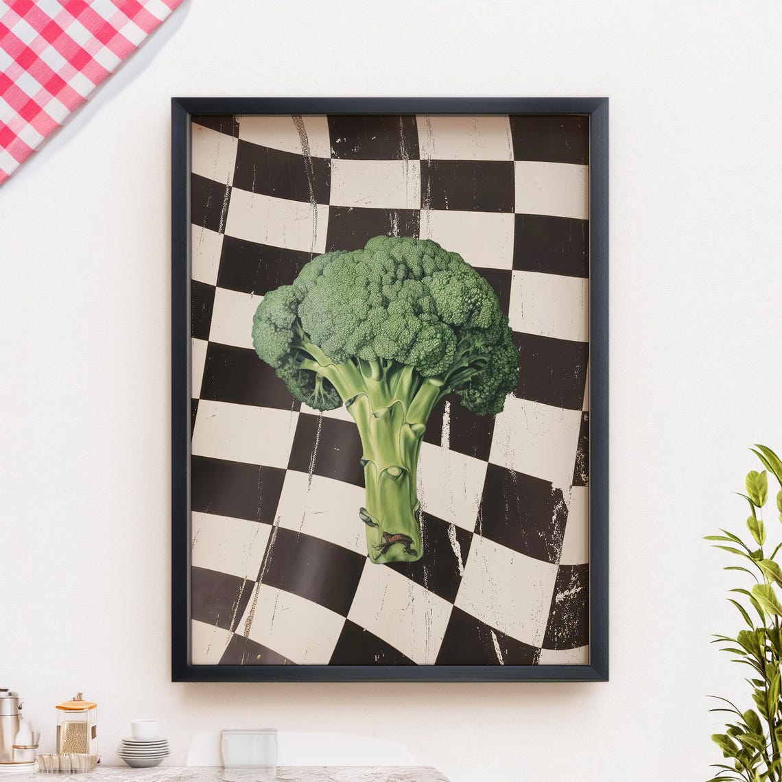 Retro Vintage Broccoli Painting on Black Checkerboard Kitchen Print