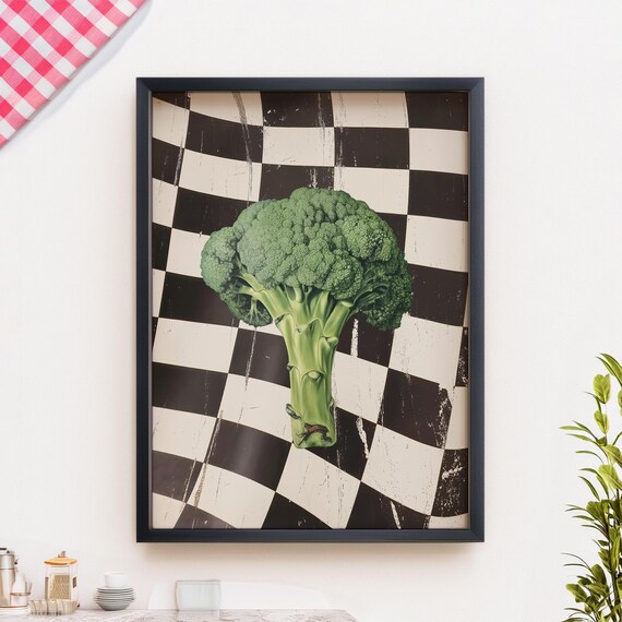 Retro Broccoli Kitchen Art Print Food Poster Vintage Vegetable On Checkerboard Printed On Luxury Paper