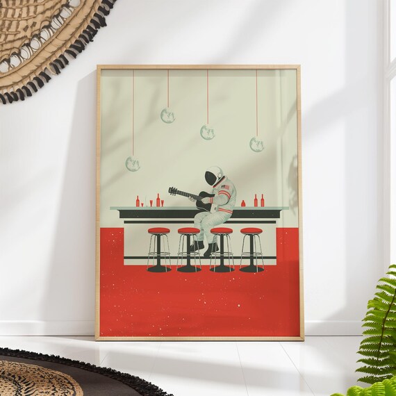 Astronaut Guitar Retro Space Bar Poster