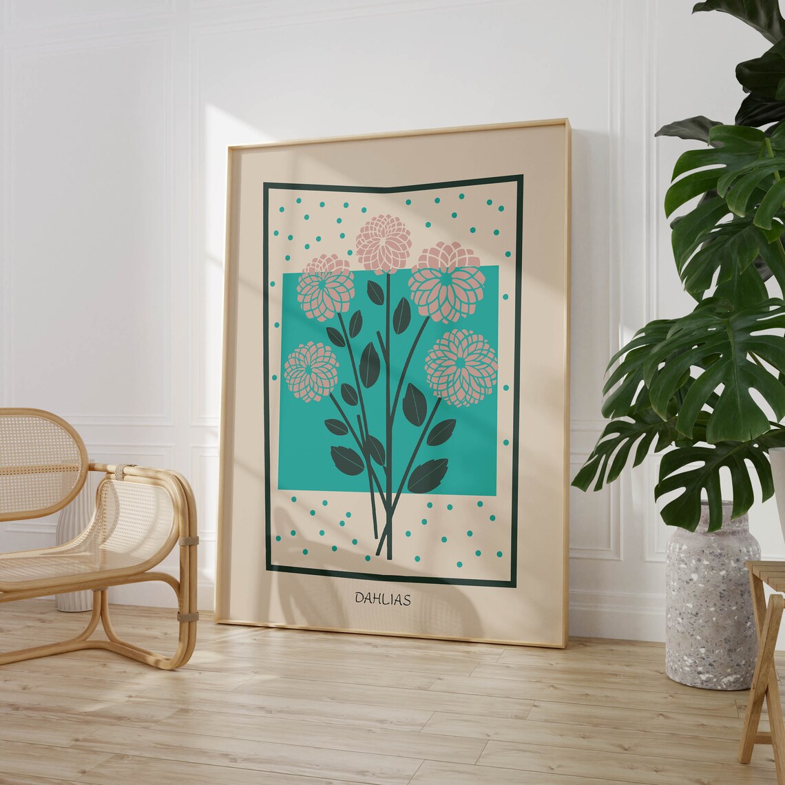 Blush Dahlias Teal Background Modern Botanical Floral Poster