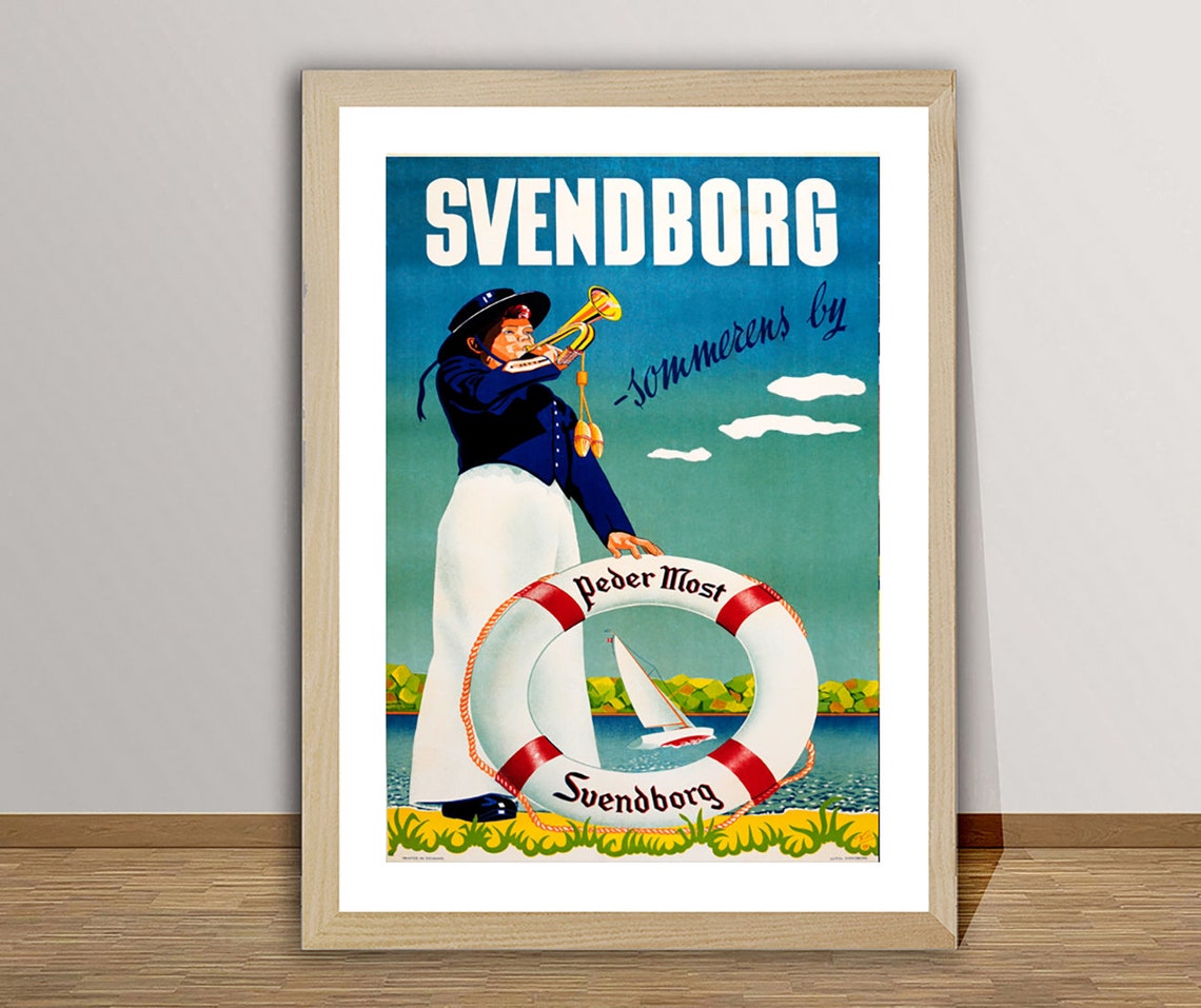 Svendborg Sommerens By Vintage Danish Seaside Sailor Travel Poster