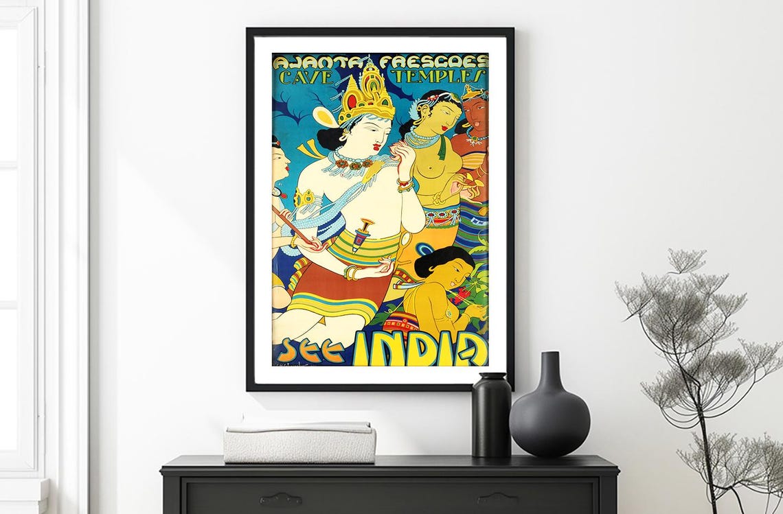 See India Ajanta Cave Frescoes Vintage Poster Temples Artwork - Image 2