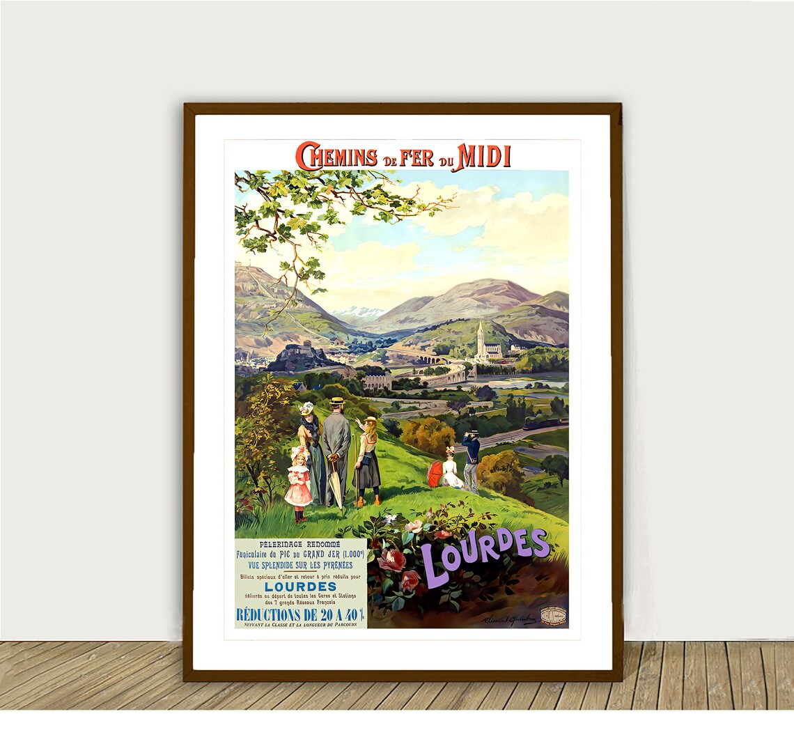 Lourdes France Pyrenees Pilgrimage Vintage Railway Travel Poster
