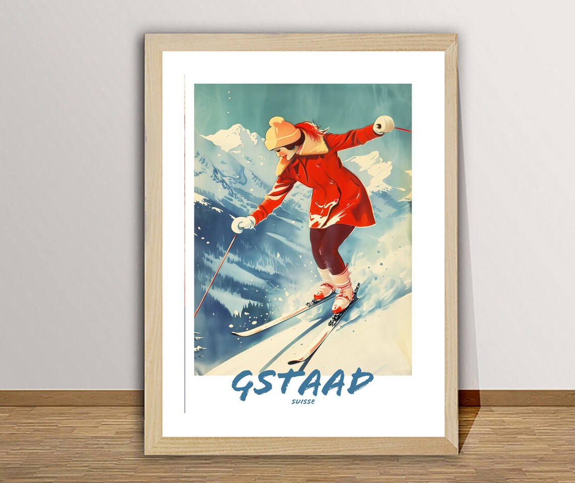 Gstaad Switzerland Vintage Ski Resort Skier Winter Travel Poster - Image 2