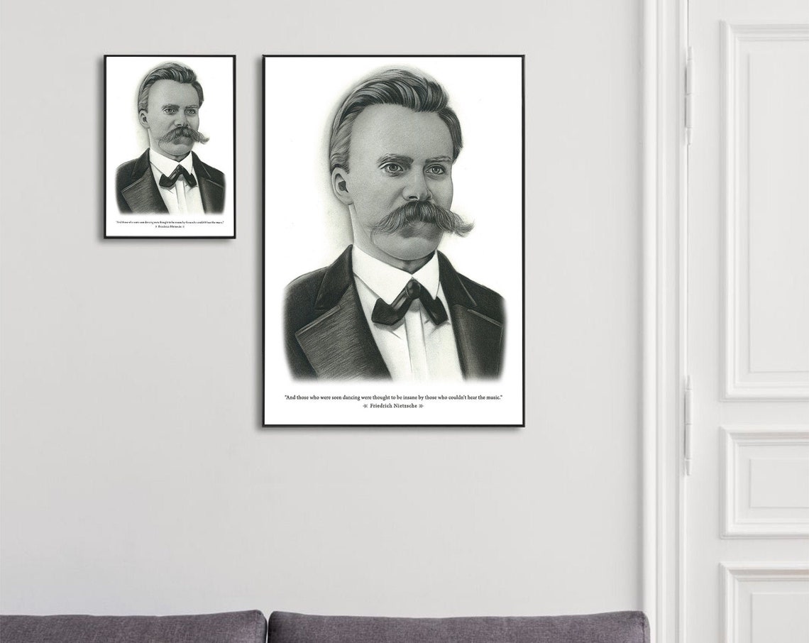Friedrich Nietzsche Pencil Portrait with Inspirational Quote Poster
