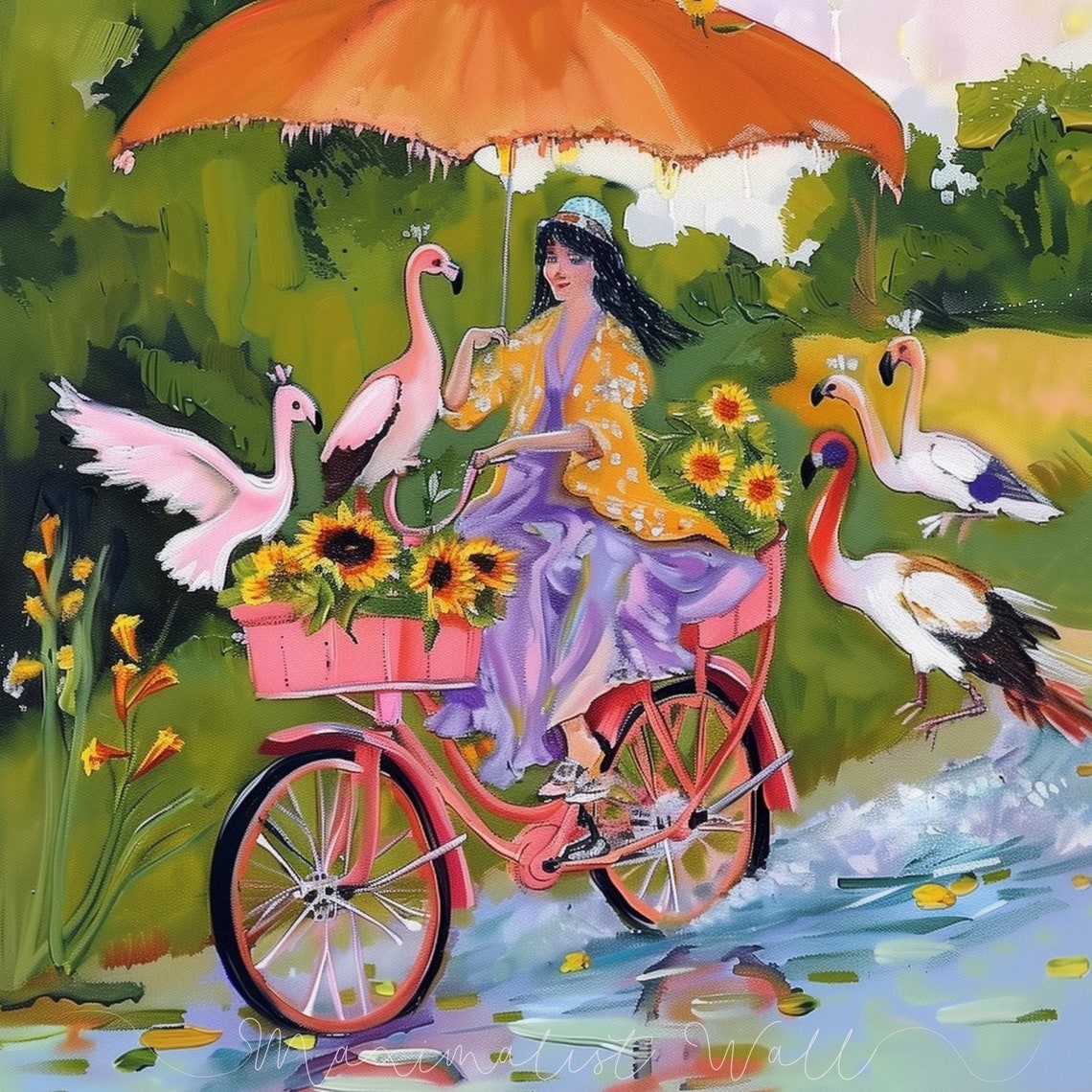 Lady Cycling under an Orange Umbrella among Flamingos Poster