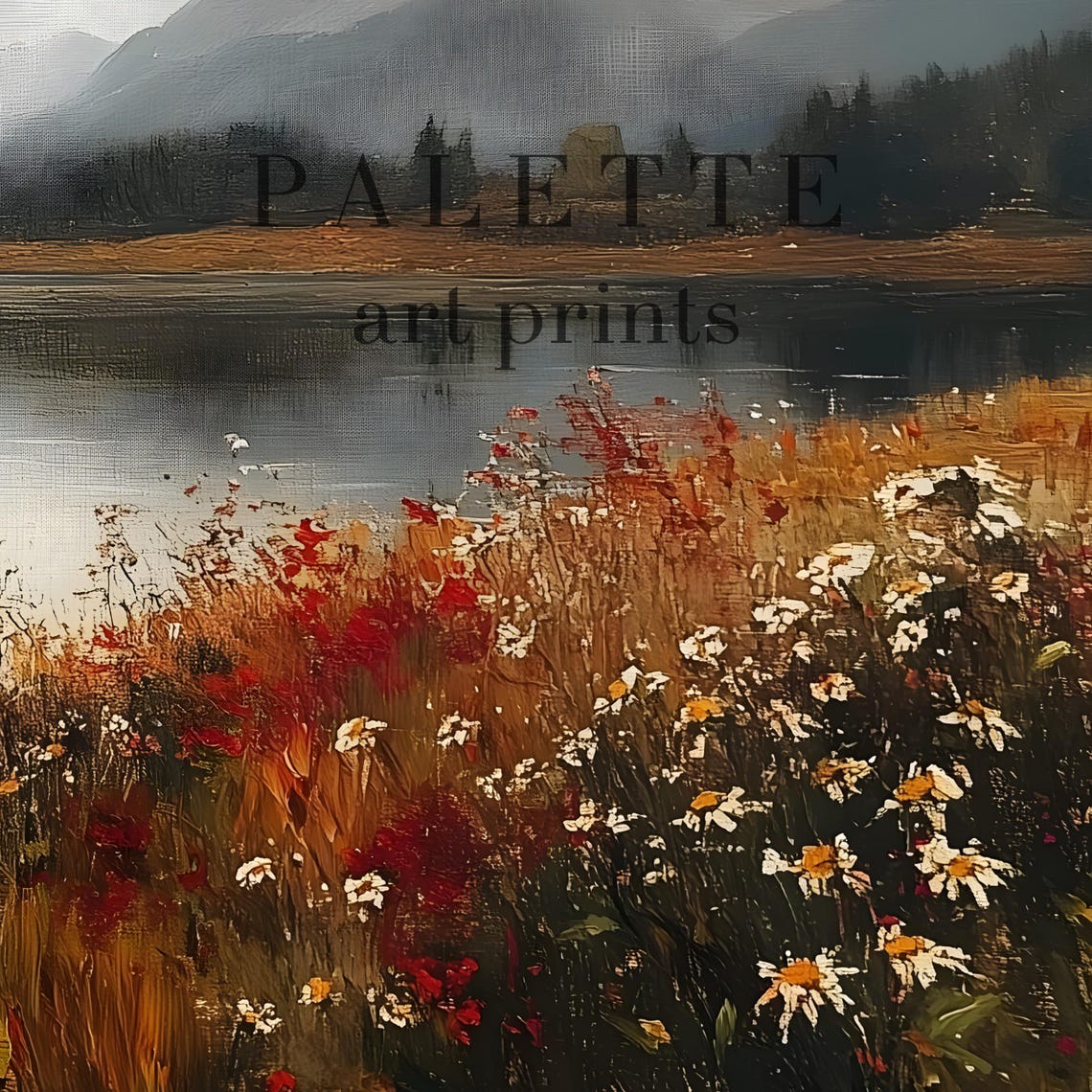Mountain Lake Autumn Wildflowers Stormy Sky Vintage Landscape Poster - Image 2