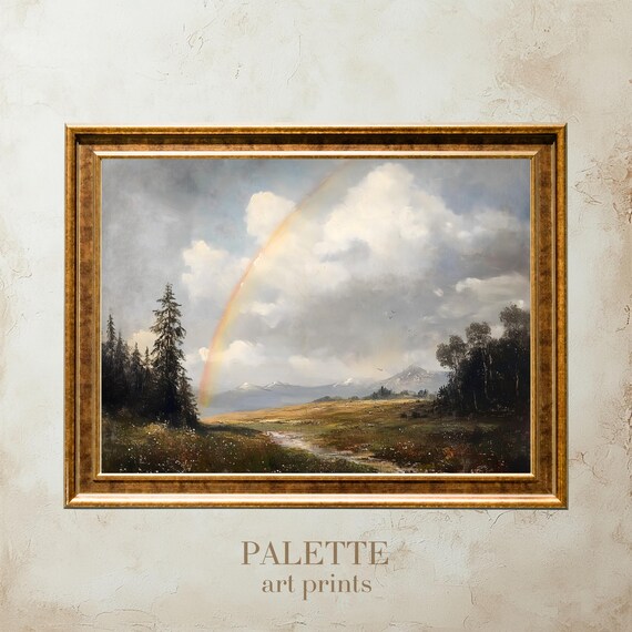 Rainbow Meadow Landscape Painting Peaceful Nature Art Print Serene Field Mountain Scene Cottage Wall Decor Uplifting Gift Idea Spr002