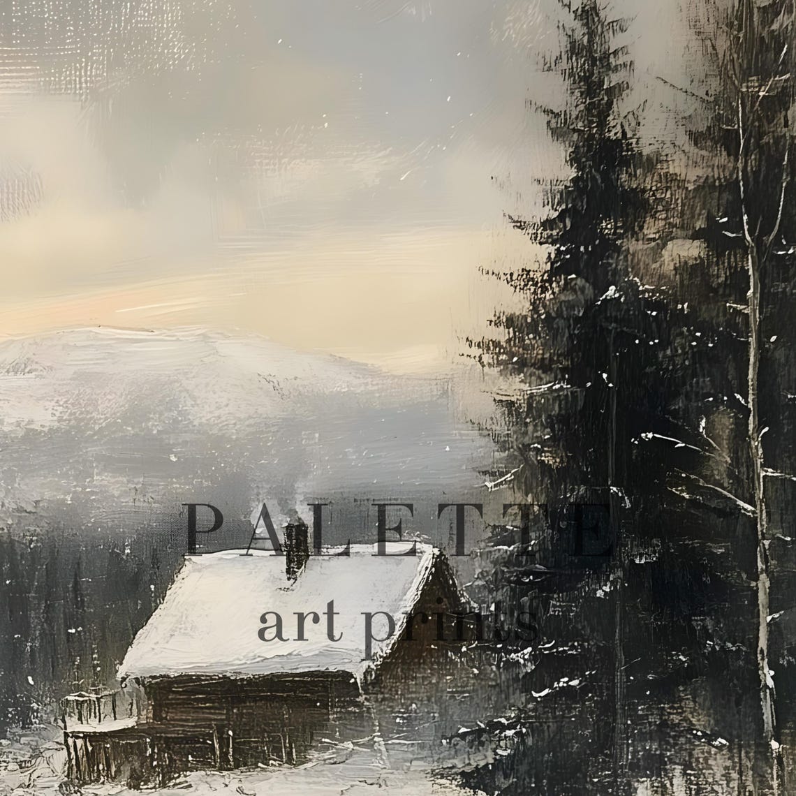 Snowy Log Cabin Gathering Firewood Quiet Winter Scene Wall Art - Image 2