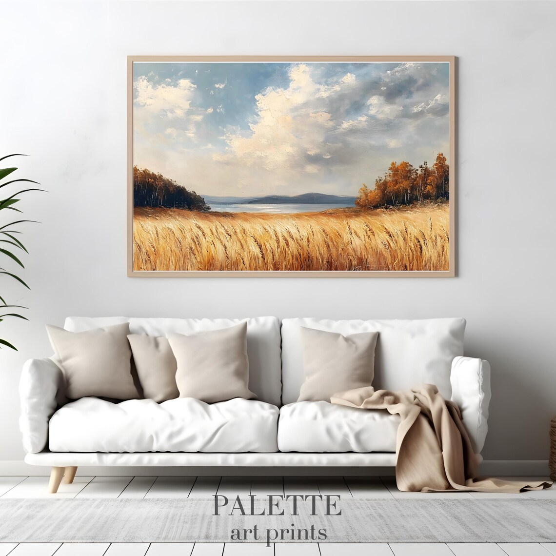 Golden Wheat Field by the Lake Autumn Trees Landscape Painting Poster - Image 3
