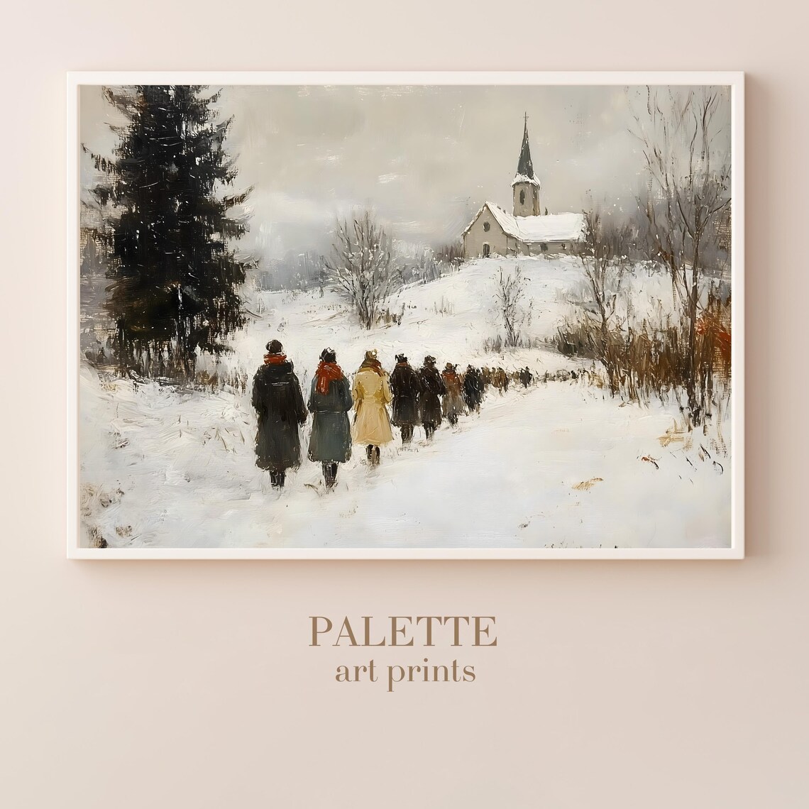 Snowy Path to Village Church Winter Gathering Painting Poster - Image 3
