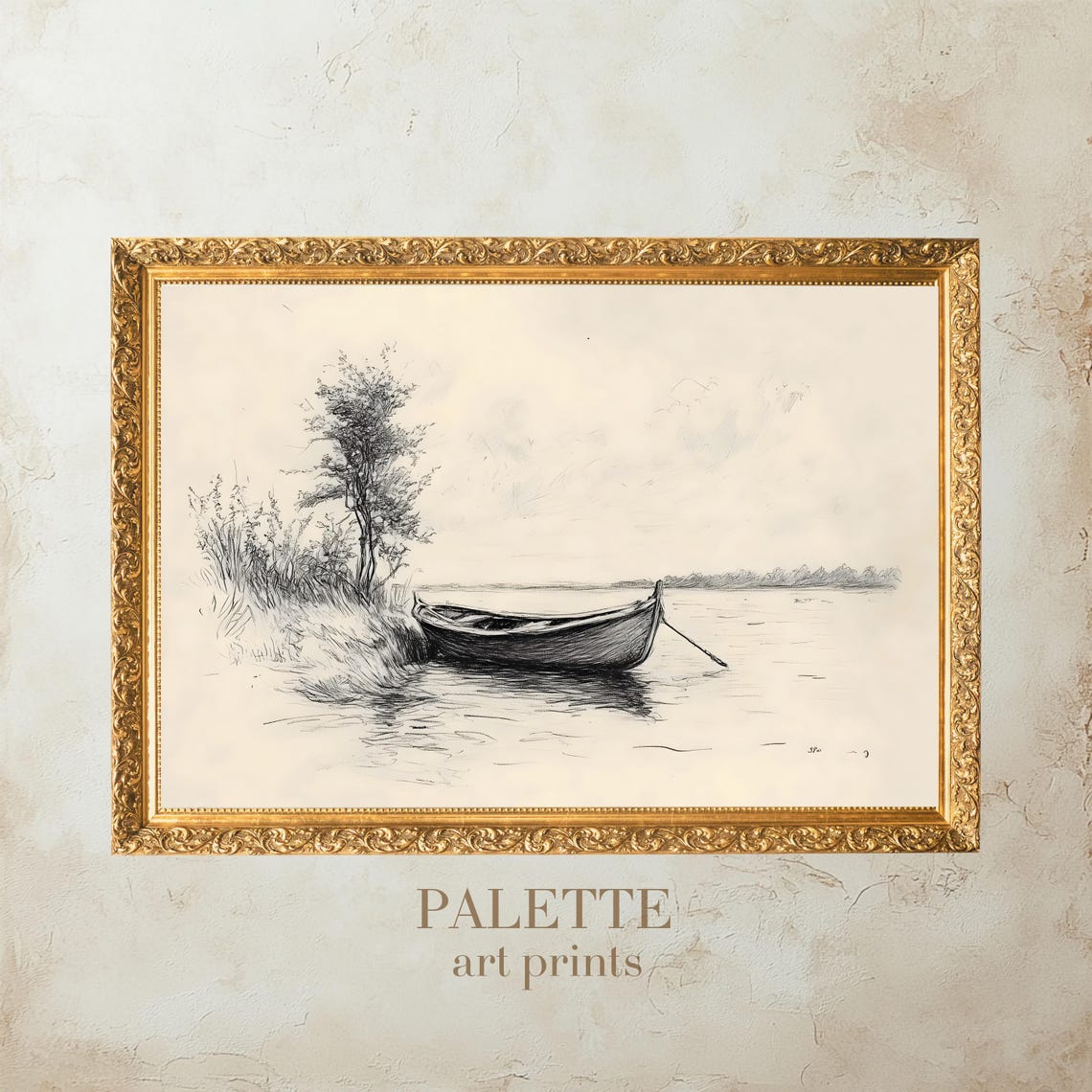 Rowboat Riverbank Ink Sketch Serene Lake Minimalist Art Print