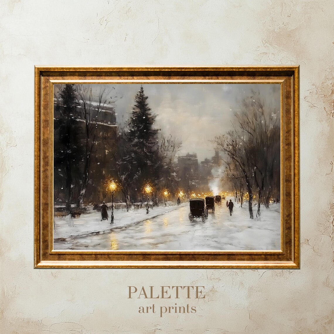 Victorian City Street at Dusk Snowy Lamps and Carriages Poster