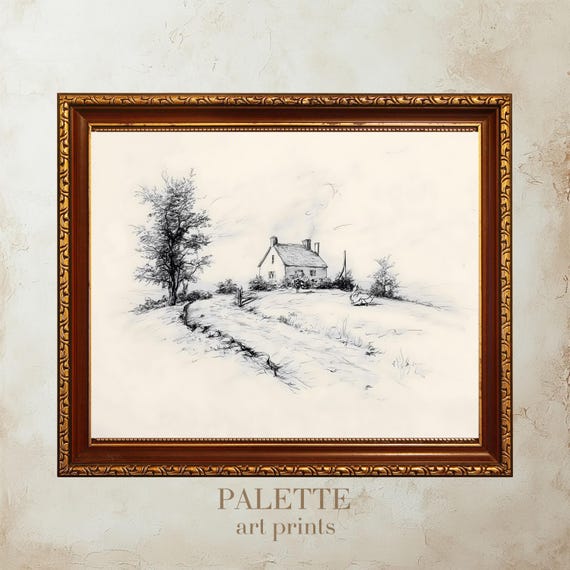 Rustic Cottage With Tree Sketch Art Black And White Illustration Of Countryside Path Pencil Drawing For Home Decor Office Wall Art Skt020