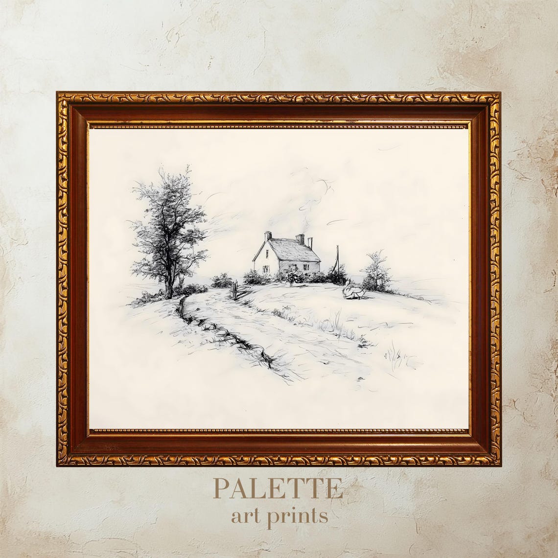 Rustic Country Cottage Pencil Sketch Farmhouse Path Drawing Poster