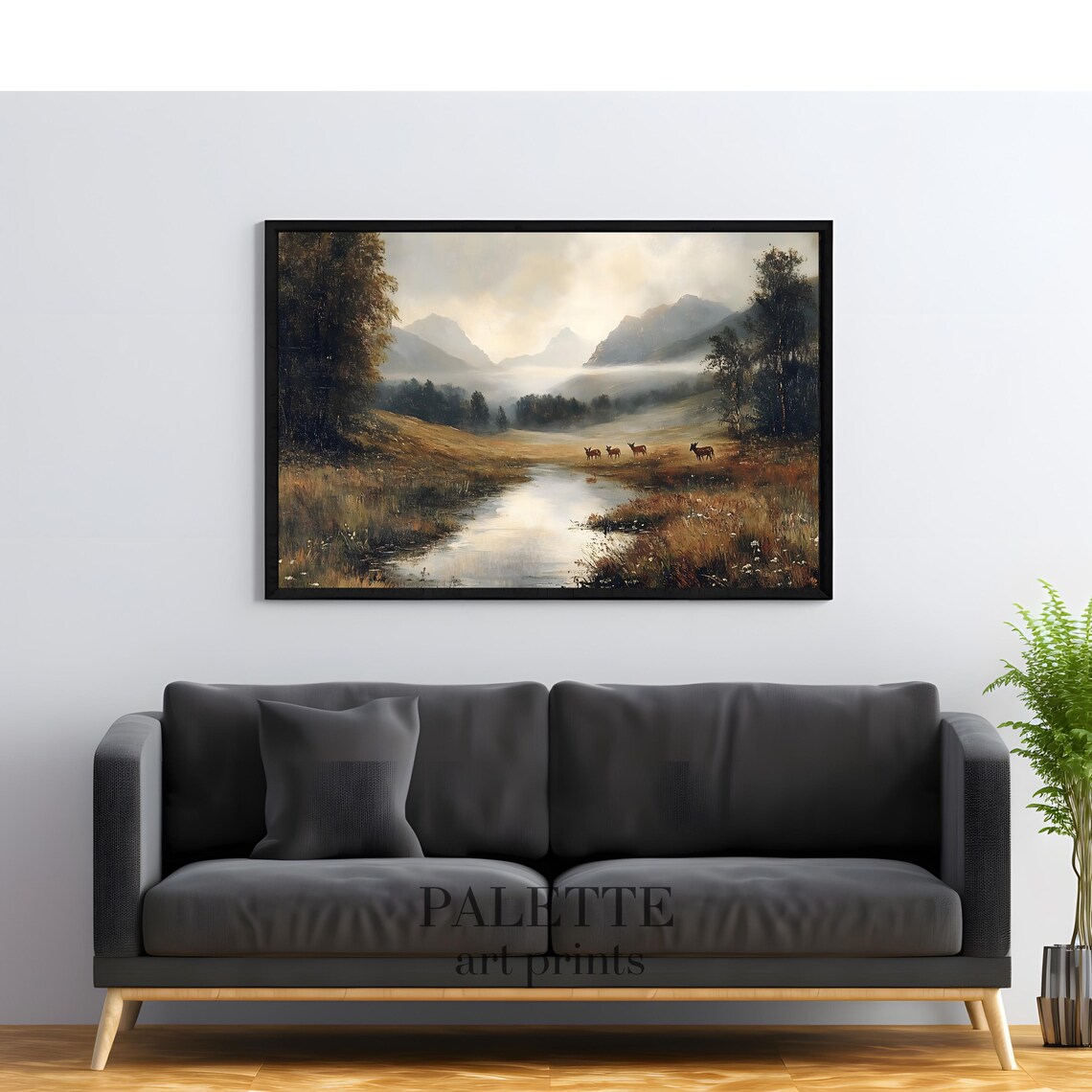 Deer by Misty River Valley Golden Vintage Wildlife Landscape Poster - Image 3