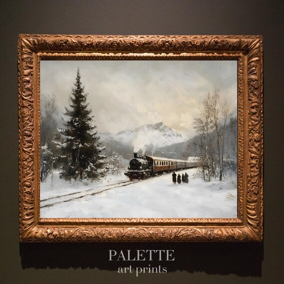 Vintage Steam Train in Snowy Mountains Winter Railway Poster