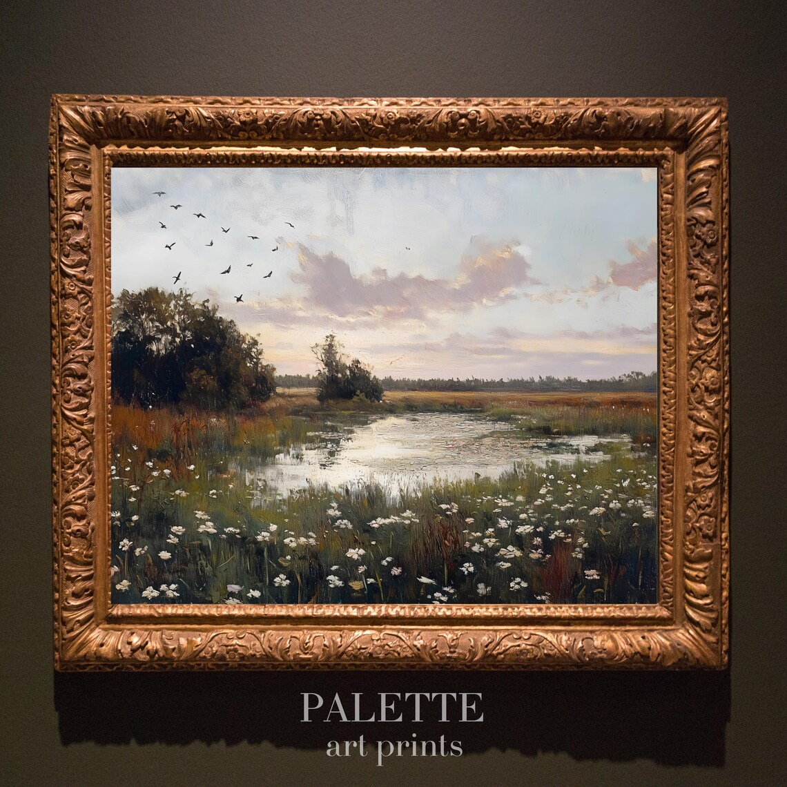 Marsh Pond Birds at Dusk Wildflower Banks Vintage Landscape Poster - Image 3
