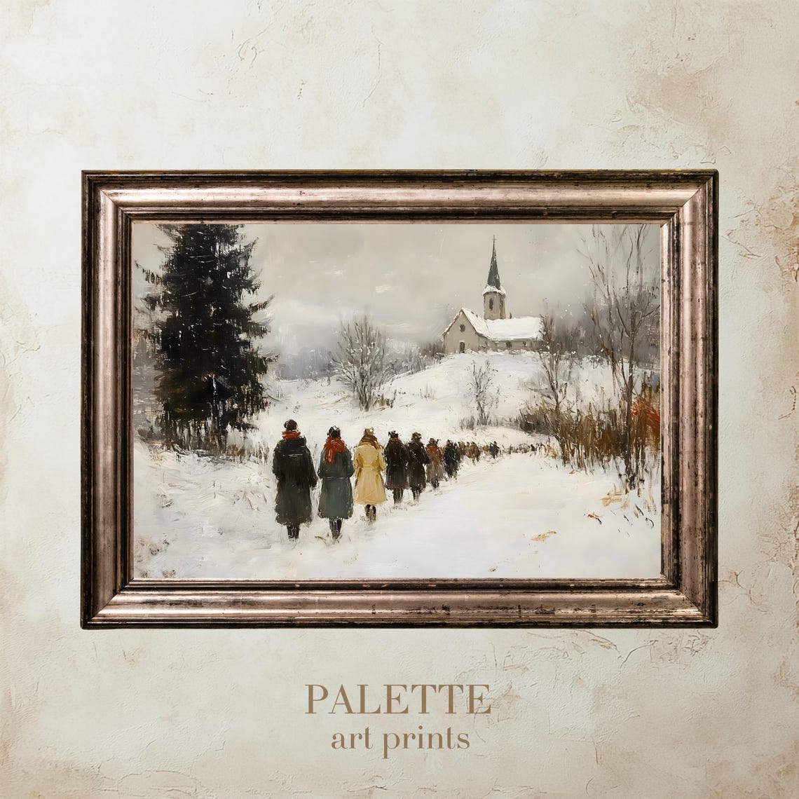 Snowy Path to Village Church Winter Gathering Painting Poster