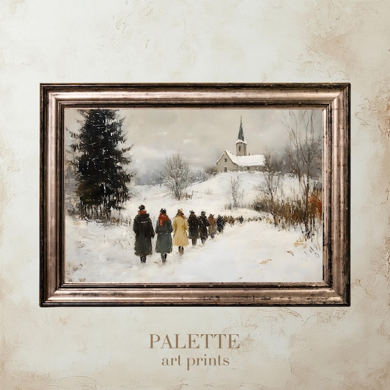 Snowy Path to Village Church Winter Gathering Painting Poster