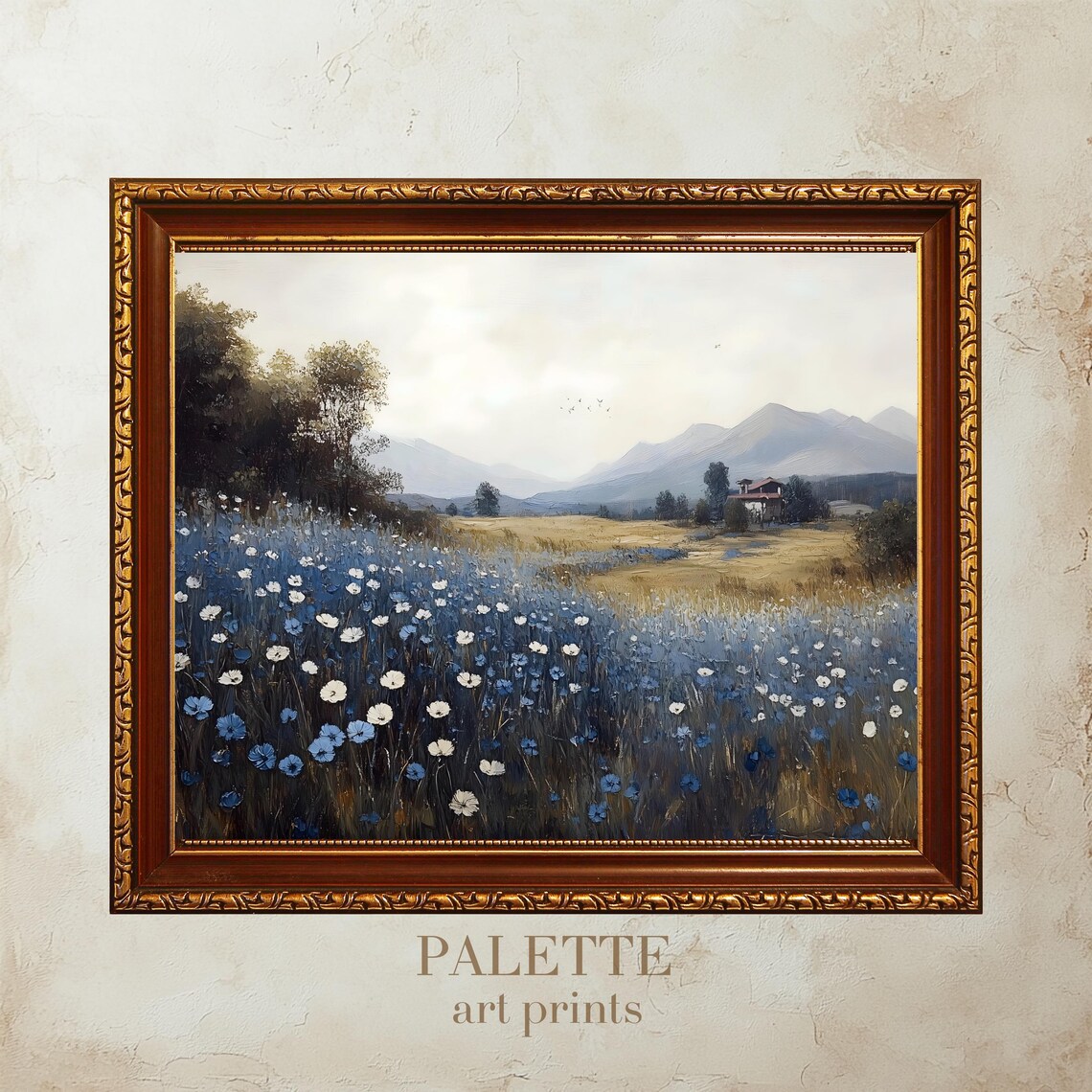 Blue Wildflower Meadow Mountain Farmhouse Cloudy Sky Wall Art