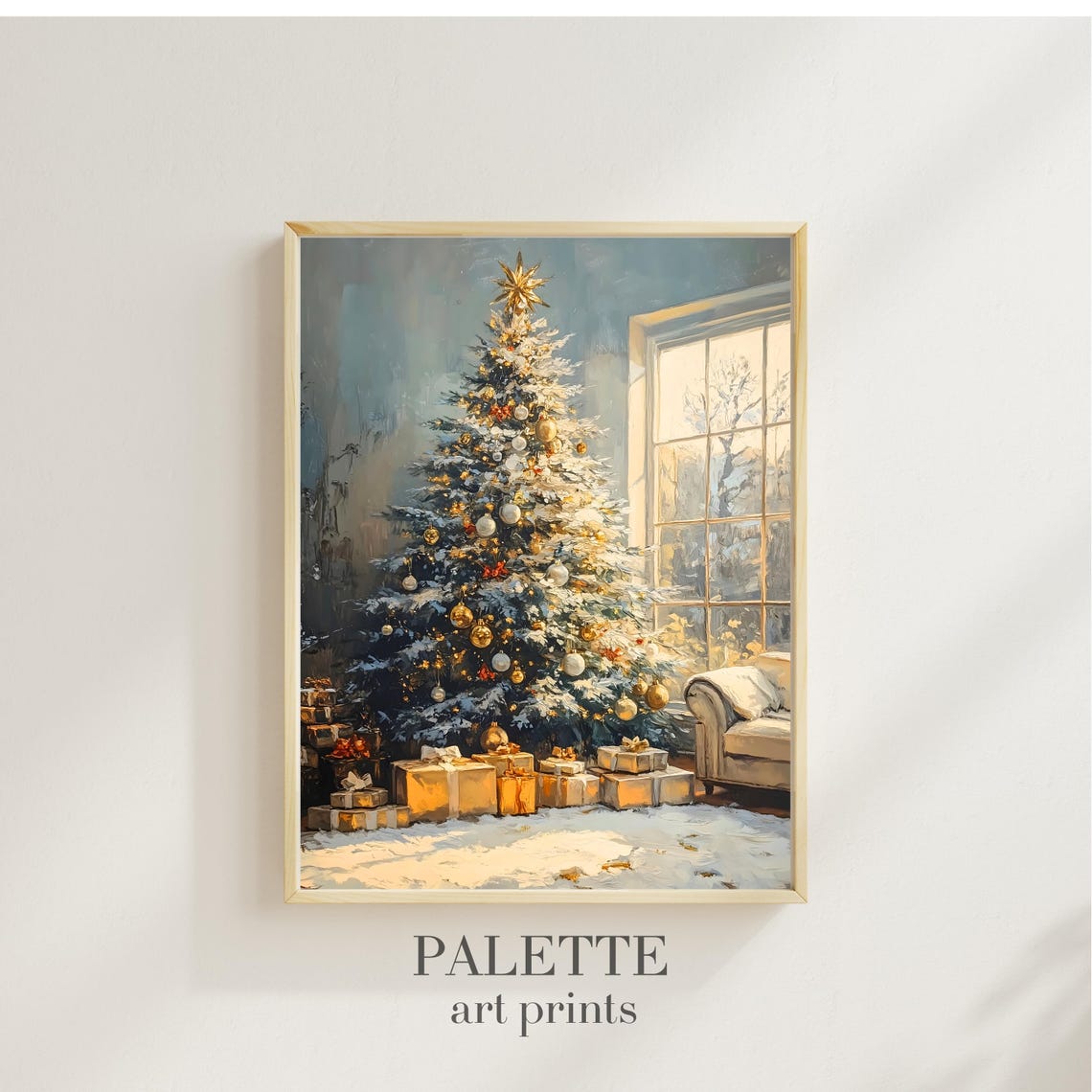 Sunlit Christmas Tree Gold Ornaments Window Armchair Scene Wall Art