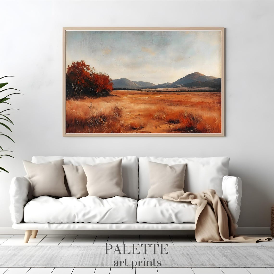 Warm Autumn Meadow With A Rustic Red Tree Beneath Mountains Poster - Image 3