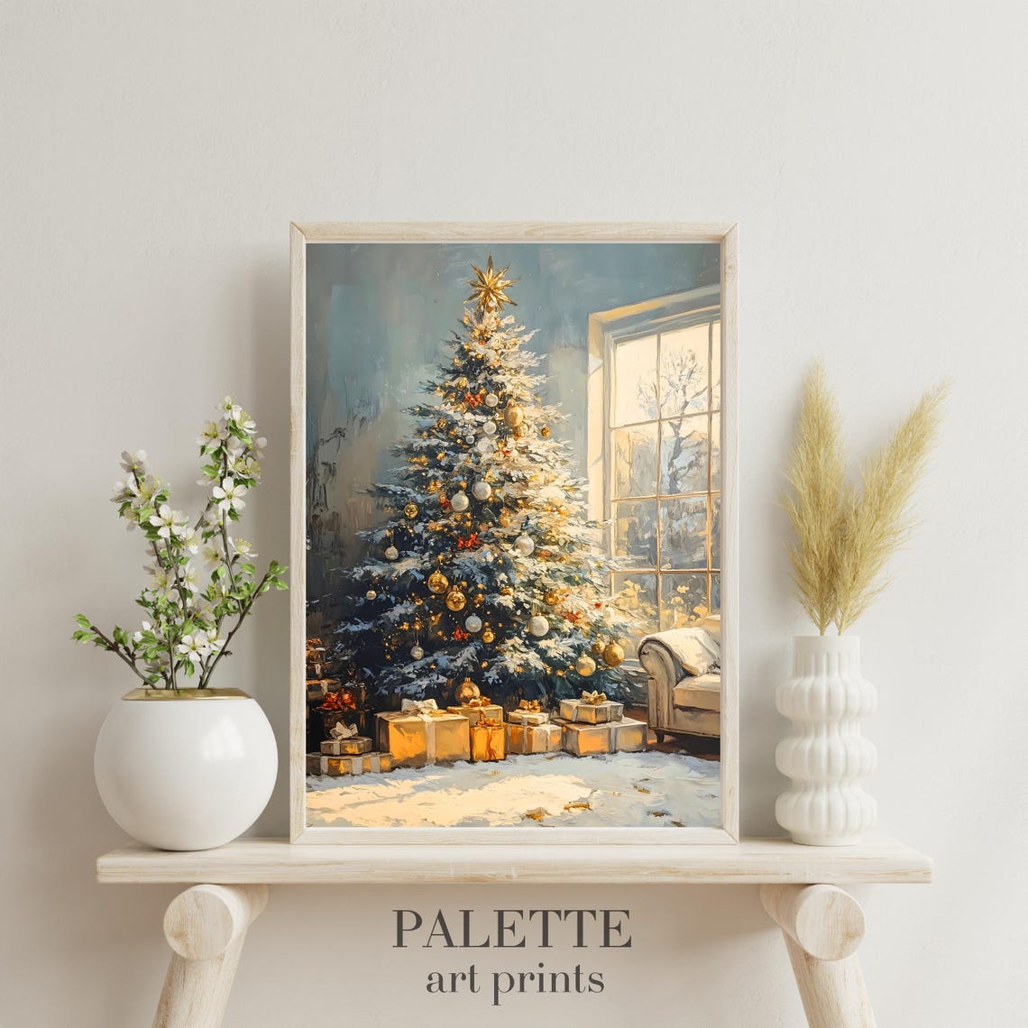 Sunlit Christmas Tree Gold Ornaments Window Armchair Scene Wall Art - Image 3