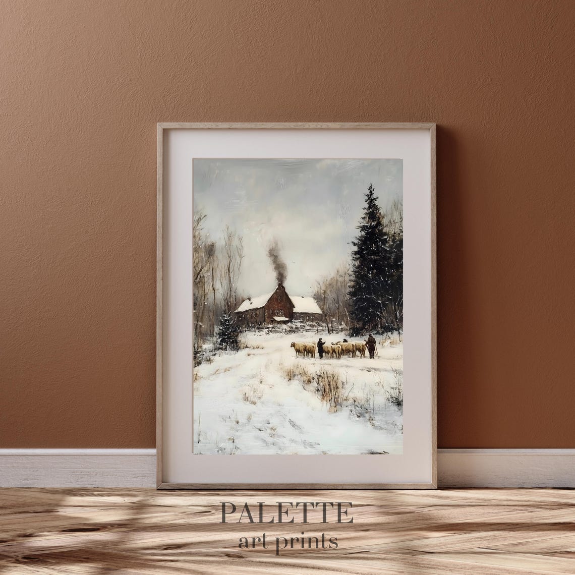 Winter Farmhouse Shepherds Tending Sheep Snowy Pasture Painting Poster - Image 3