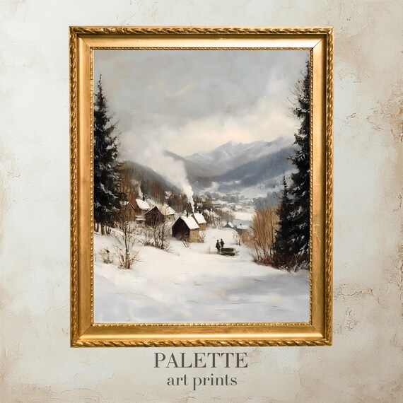 Quiet Snowy Hamlet Chimney Smoke Mountain Valley Scene Wall Art